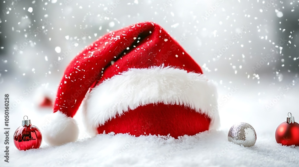 A close-up of a red wool Santa hat with a soft white brim and pom-pom, resting on a snow-covered background with gentle snowfall and holiday ornaments scattered around A close-up of a red wool Santa hat with a soft white brim and pom-pom, resting on a snow-covered background with gentle snowfall and holiday ornaments scattered around