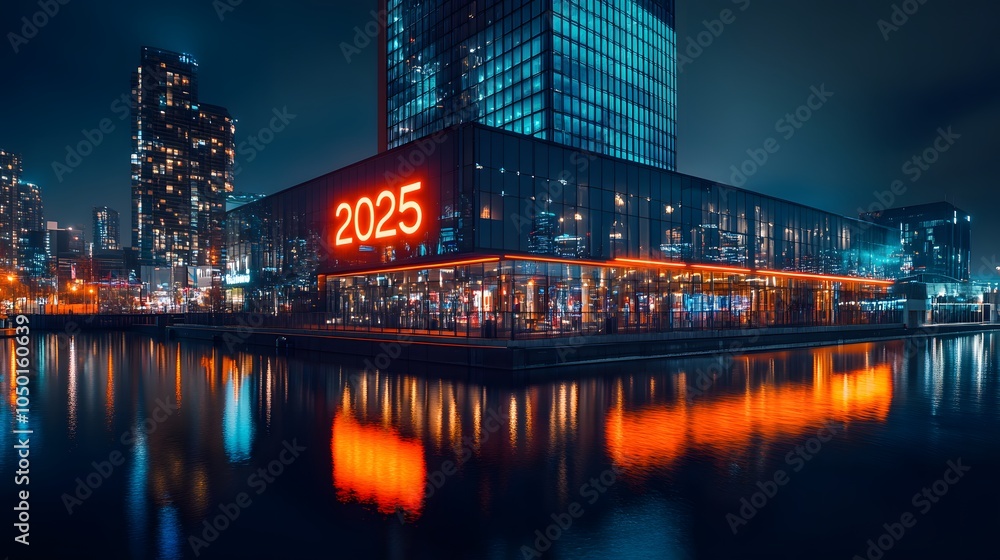 Obraz premium Modern glass building with glowing orange 