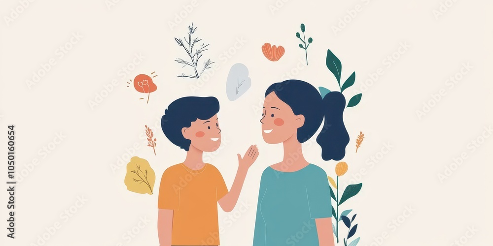 Two children joyfully interacting with plants and leaves around them. Two children joyfully interacting with plants and leaves around them.