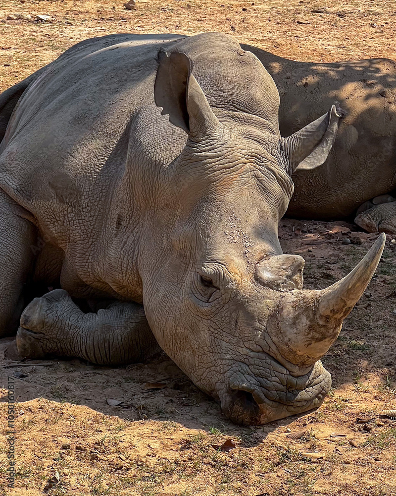 Obraz premium A resting rhinoceros on dry earth symbolizes wildlife conservation and the threat of extinction due to habitat loss