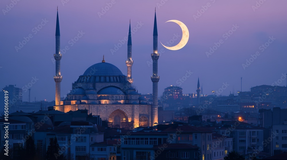 Naklejka premium Majestic Mosque Silhouette Under a Crescent Moon at Twilight
