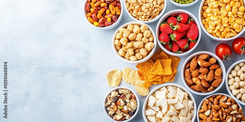 Variety of snacks in bowls on a blue background, perfect for gatherings and parties. Variety of snacks in bowls on a blue background, perfect for gatherings and parties.