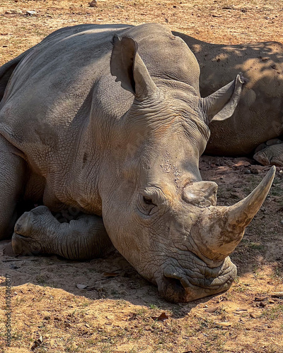 A resting rhinoceros on dry earth symbolizes wildlife conservation and the threat of extinction due to habitat loss photo