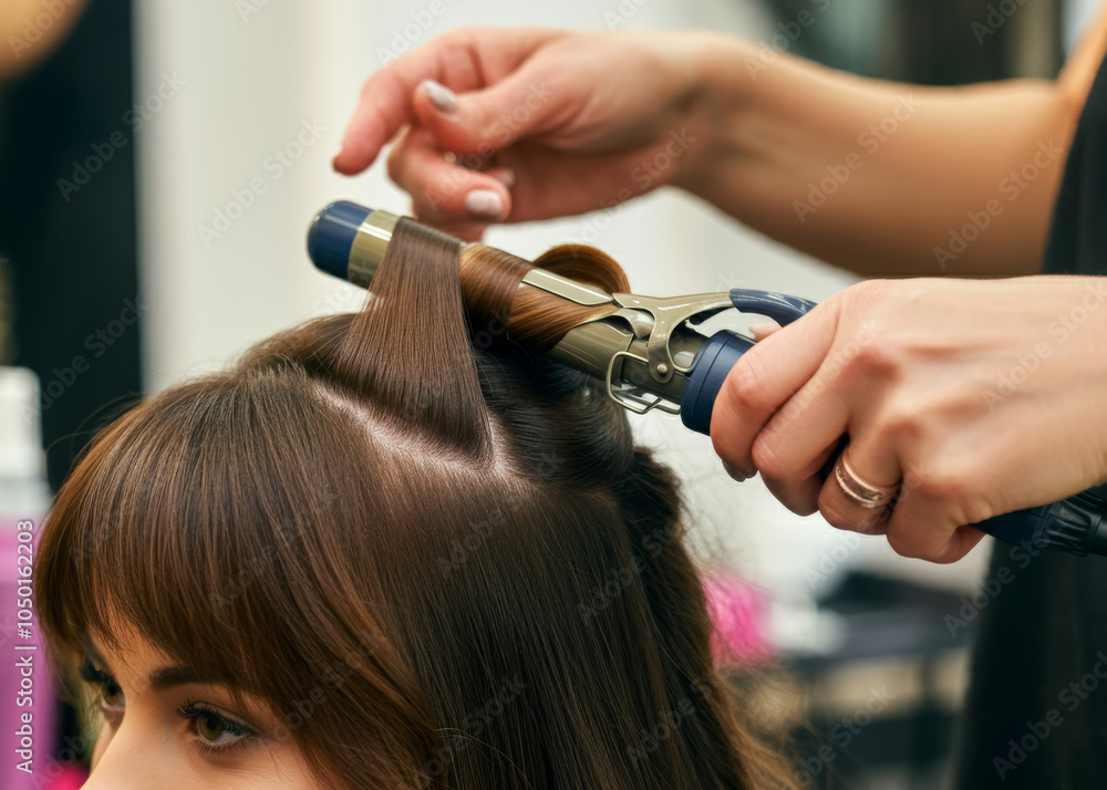 Close-up Health and Beauty Fair, woman getting hair curled with a curling iron at a hair salon or spa, the skilled stylist is holding the curling iron Close-up Health and Beauty Fair, woman getting hair curled with a curling iron at a hair salon or spa, the skilled stylist is holding the curling iron