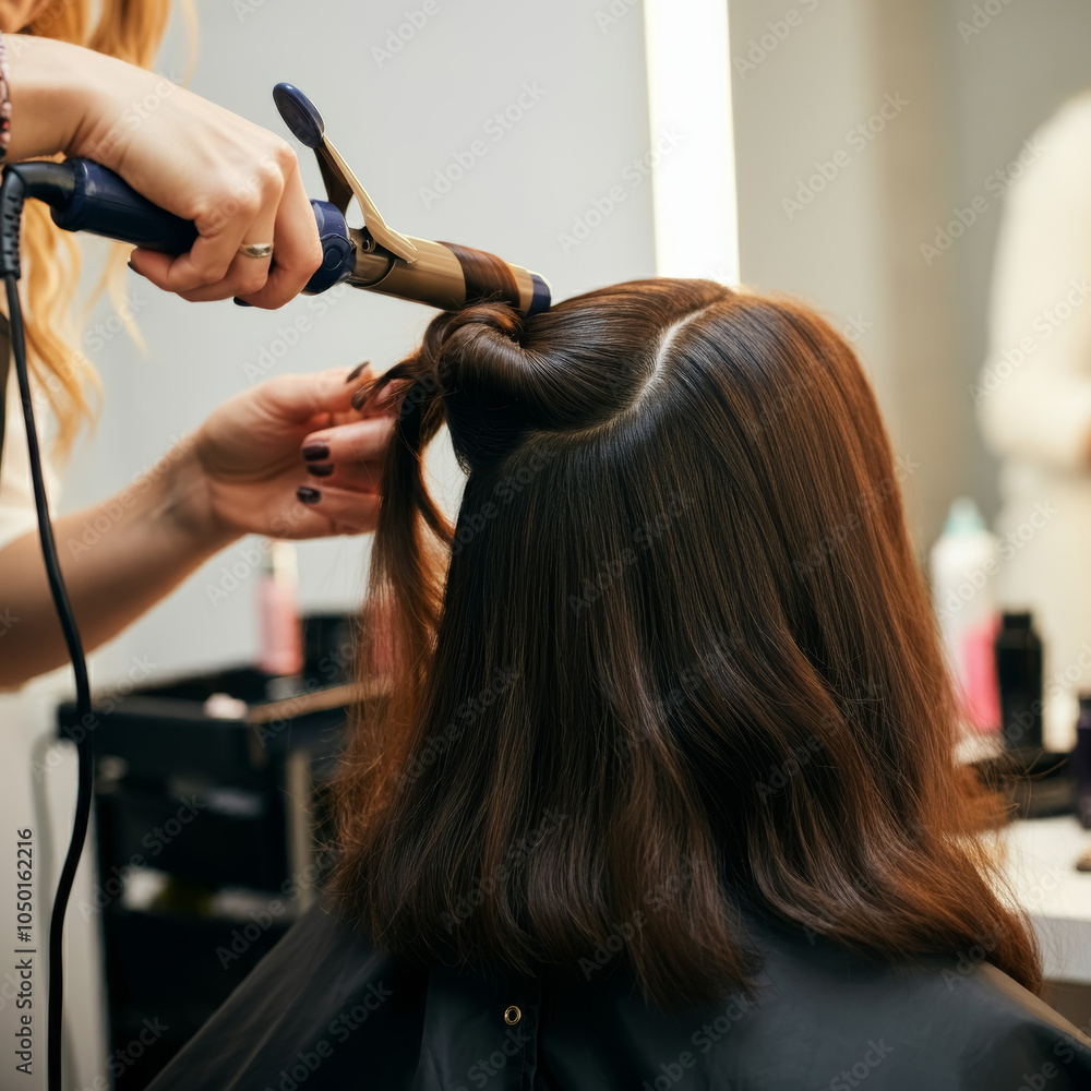 Naklejka premium Close-up Health and Beauty Fair, woman getting hair curled with a curling iron at a hair salon or spa, the skilled stylist is holding the curling iron