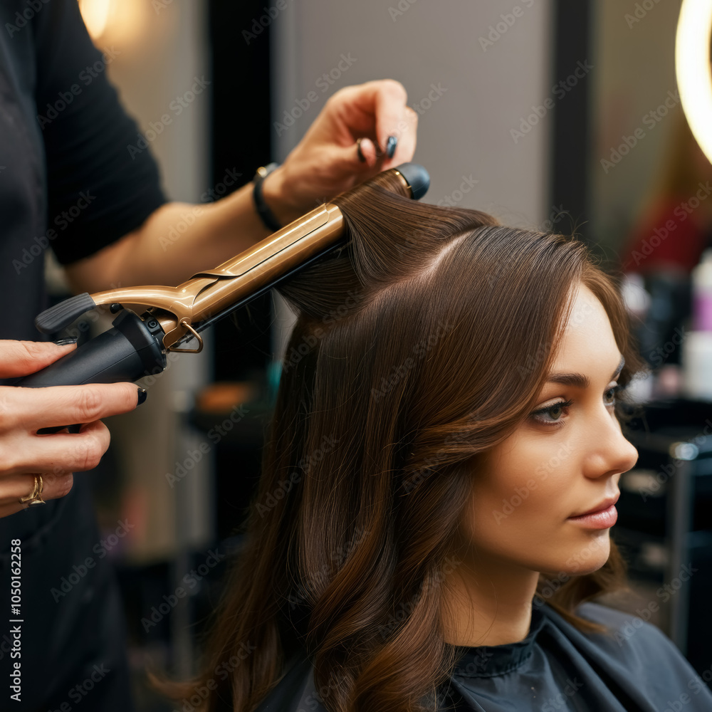 Fototapeta premium Close-up Health and Beauty Fair, woman getting hair curled with a curling iron at a hair salon or spa, the skilled stylist is holding the curling iron
