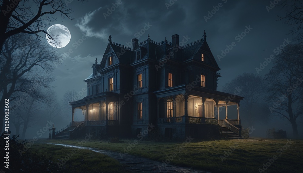 A hauntingly beautiful gloomy mansion shrouded in mist, illuminated by dramatic moonlight, creating an eerie atmosphere filled with secrets and shadows, Generative AI A hauntingly beautiful gloomy mansion shrouded in mist, illuminated by dramatic moonlight, creating an eerie atmosphere filled with secrets and shadows, Generative AI