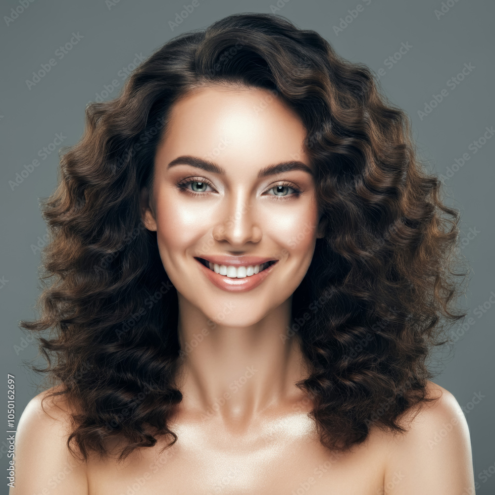 Fototapeta premium Beautiful woman hair care in studio, beauty from salon treatment, cosmetics and shampoo shine. Model girl smile with skin care for wellness, dermatology and glowing on grey background
