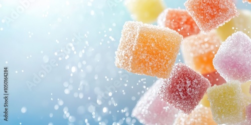 Colorful sugar cubes falling against a soft blue background, creating a sweet craving. photo