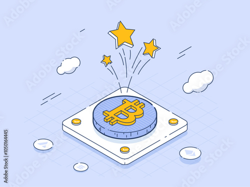 Vector Bitcoin Coin in Isometric Contour Style with Shining Stars, Representing Coin Mining and Financial Growth. Ideal for Cryptocurrency Market and Blockchain Technology Concepts.