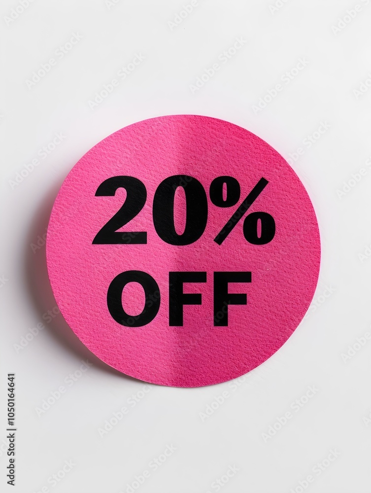 Black '20% OFF' Text on a Magenta Round Paper Note. White Background Black '20% OFF' Text on a Magenta Round Paper Note. White Background