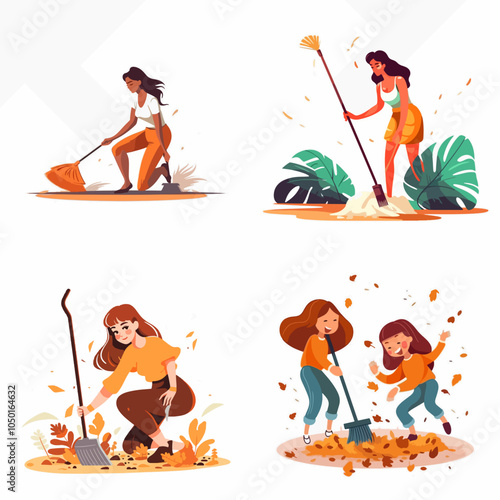 woman is sweeping leaves in a yard