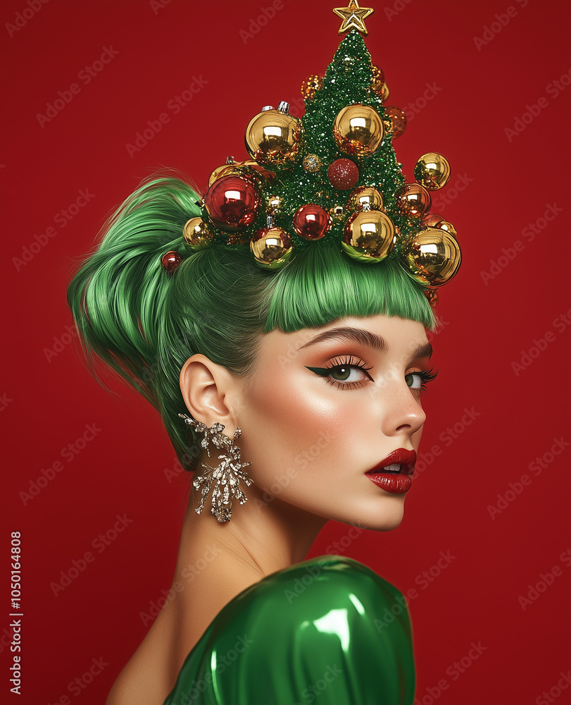Model wig with baby blue and green hair, a Christmas tree-inspired headpiece made out of red and gold Christmas ornaments, 60s-style retro photography, and a red background Model wig with baby blue and green hair, a Christmas tree-inspired headpiece made out of red and gold Christmas ornaments, 60s-style retro photography, and a red background