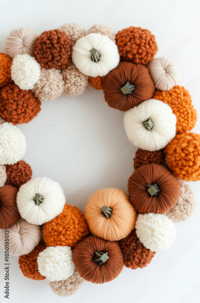 A pom-pom wreath with pumpkins in a brown color scheme, set against a white background.Minimal creative Halloween holiday concept.Copy space,flat lay A pom-pom wreath with pumpkins in a brown color scheme, set against a white background.Minimal creative Halloween holiday concept.Copy space,flat lay