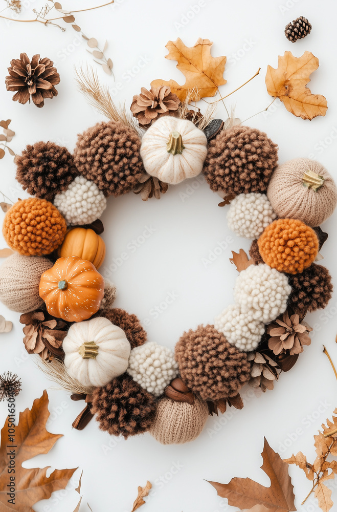 A pom-pom wreath with pumpkins in a brown color scheme, set against a white background.Minimal creative Halloween holiday concept.Copy space,flat lay A pom-pom wreath with pumpkins in a brown color scheme, set against a white background.Minimal creative Halloween holiday concept.Copy space,flat lay
