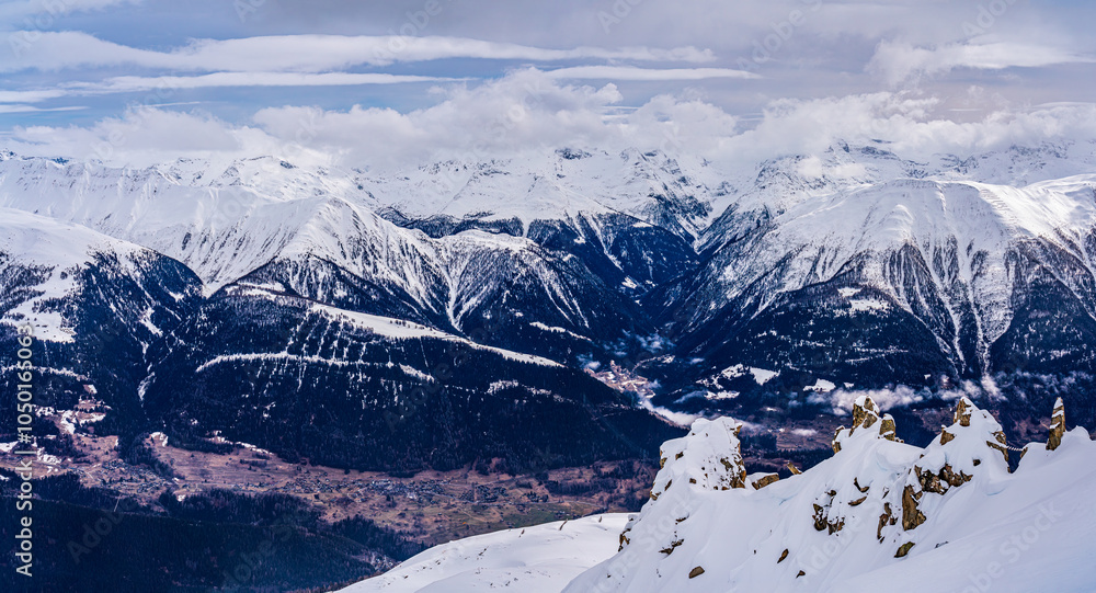 View on winter mpuntains from Eggishorn peak, Alps.