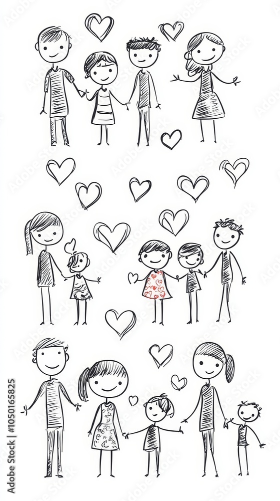 Hand-Drawn Family and Love Stick Figures with Hearts Hand-Drawn Family and Love Stick Figures with Hearts