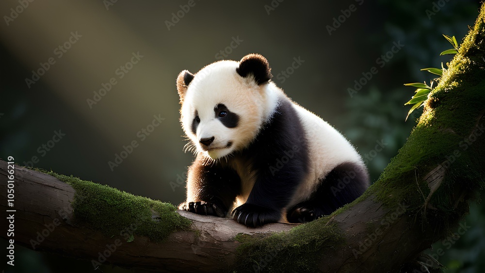 Fototapeta premium A playful panda cub sitting on a branch, showcasing the adorable innocence and charm of wildlife in its natural habitat.