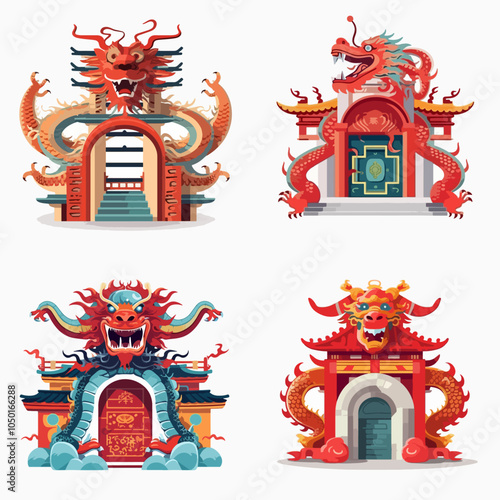 ragon designs are shown, each with a different color chinese gate house