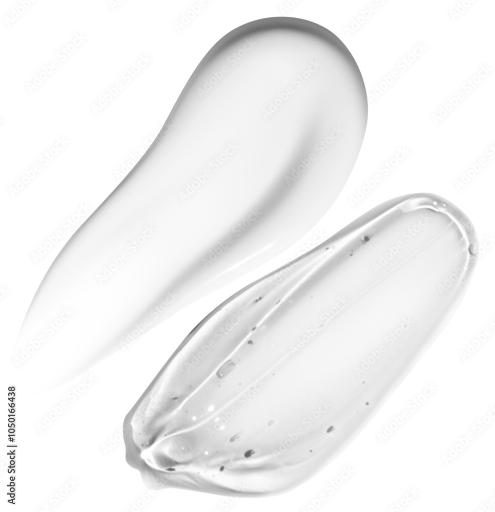 Composition of white cream smears and transparent gel smears on an empty background. Skincare products, hydrating and moisturizing textures. Composition of white cream smears and transparent gel smears on an empty background. Skincare products, hydrating and moisturizing textures.