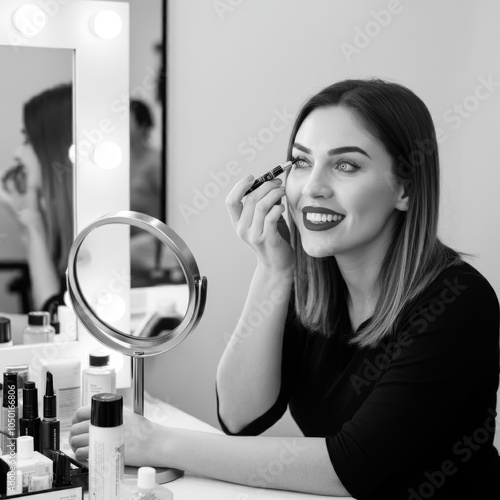 Satisfied customer checking microblading results in front of a mirror at a beauty salon, beauty care, rejuvenation and skin care concept photo