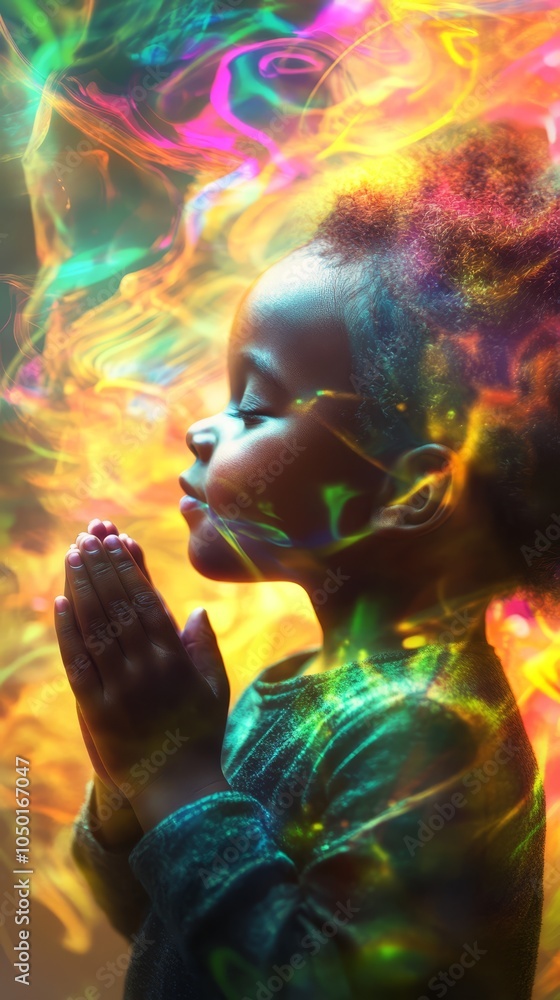Child in Prayer Surrounded by Colorful Light Child in Prayer Surrounded by Colorful Light
