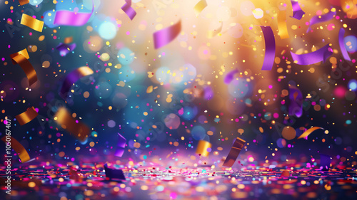 Golden and purple confetti scattered on a sparkling background creating a festive and celebratory atmosphere