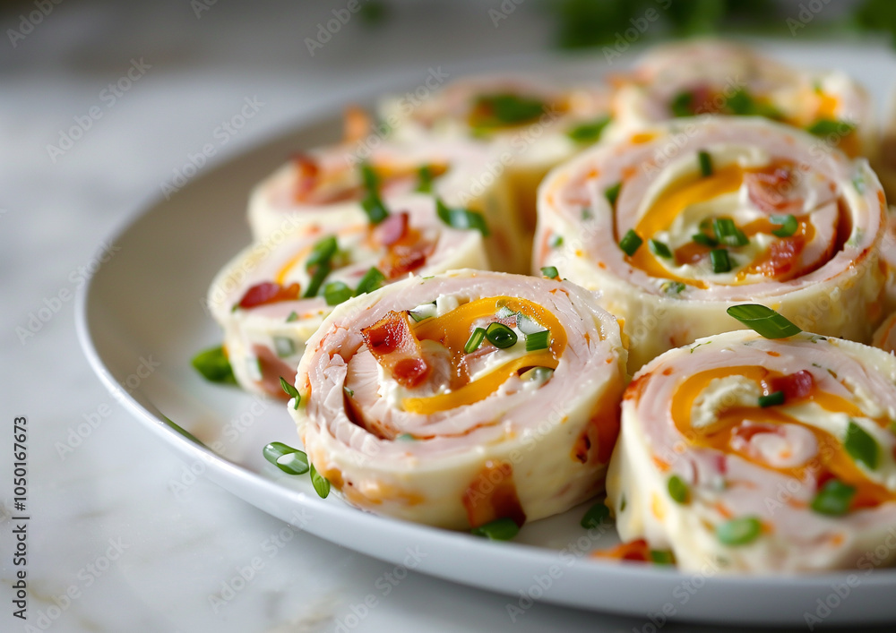 Close-up of delicious pinwheel wraps with turkey, cheese, and herbs arranged on a white plate for a perfect appetizer Close-up of delicious pinwheel wraps with turkey, cheese, and herbs arranged on a white plate for a perfect appetizer