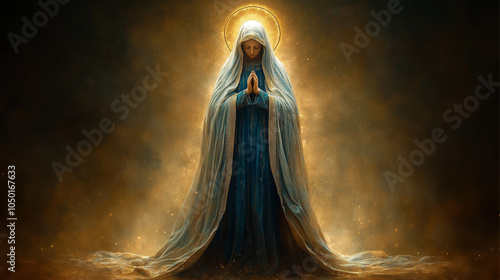 Mother Mary in a serene posture, her hands clasped in prayer, dressed in flowing robes, illuminated by a soft, divine light that surrounds her