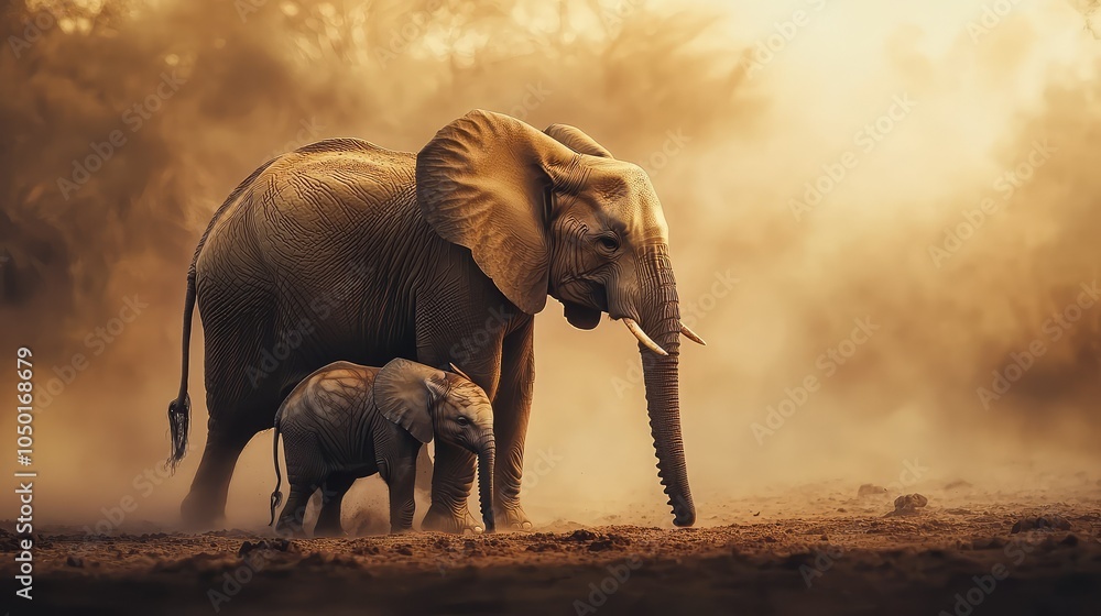 Fototapeta premium Powerful African Elephant Protecting Its Young