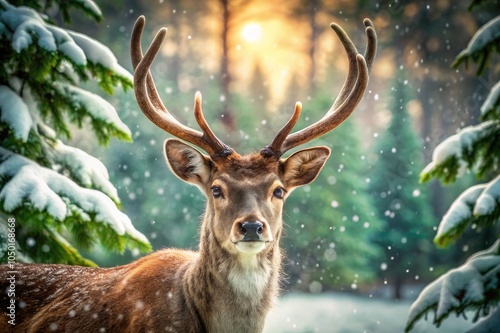 {Reindeer and Snowy Woodland Scene}: A design featuring a cute reindeer in a wintery woodland room with light snow falling outside the window