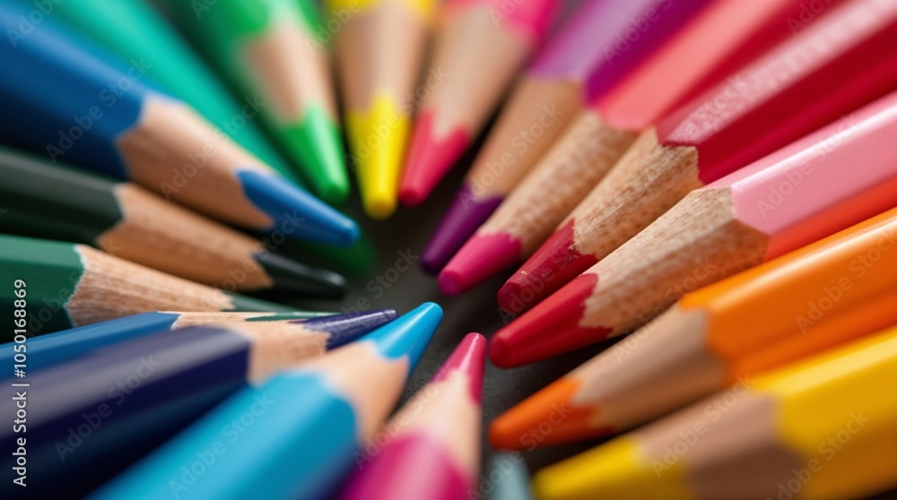 Colorful pencils arranged in a circular pattern Colorful pencils arranged in a circular pattern