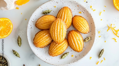 Cardamom and orange madeleines, isolated on a white ceramic plate, surrounded by cardamom pods, orange zest, and a drizzle of citrus glaze