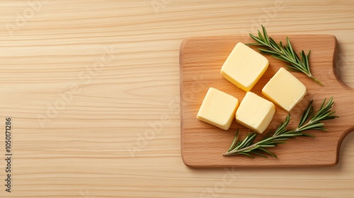 Fresh butter and rosemary on a wooden cutting board