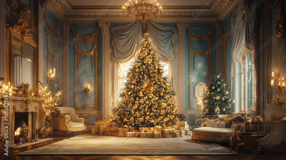 Fototapeta premium grand Christmas tree adorned with golden ornaments stands in opulent, elegantly decorated room, creating warm and festive atmosphere