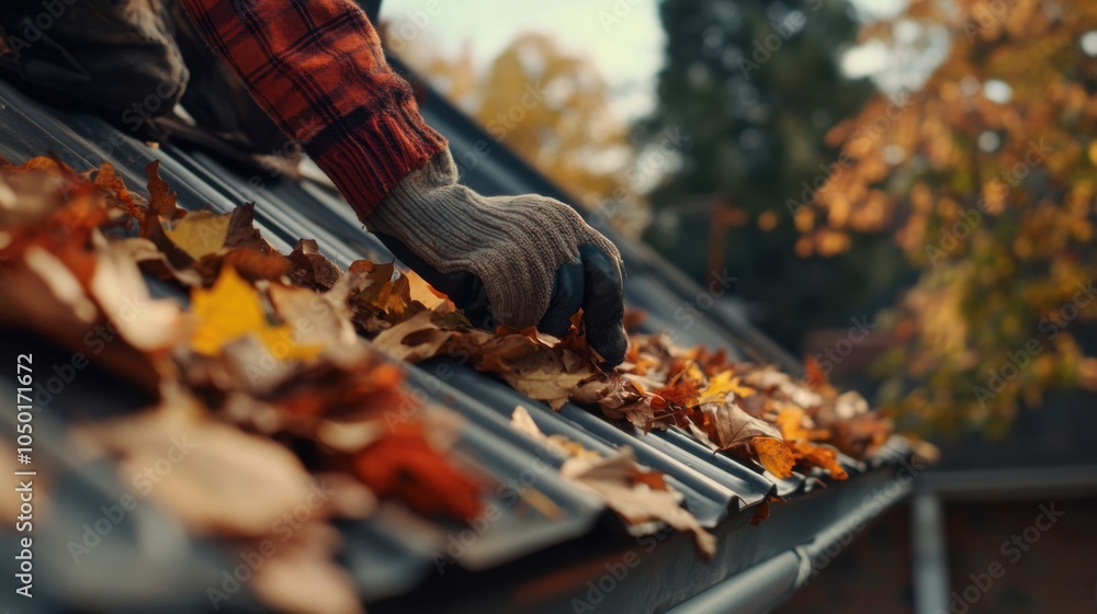 Obraz premium Person cleaning leaves roof gutter autumn emphasizing seasonal roof maintenance