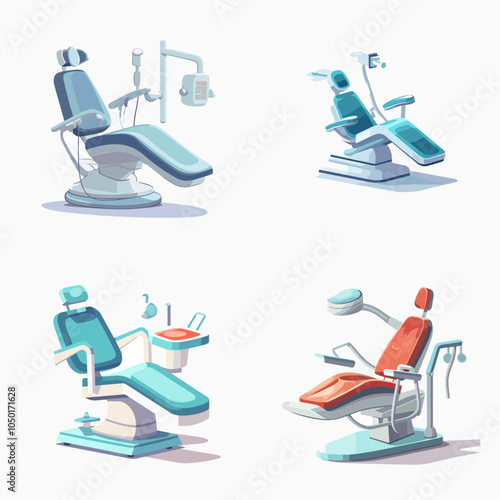 different types of dental chairs are shown in the image. The chairs are all white and blue, with some featuring red accents