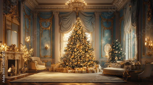 Wallpaper Mural grand Christmas tree adorned with golden ornaments stands in opulent, elegantly decorated room, creating warm and festive atmosphere Torontodigital.ca