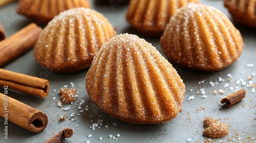 Cinnamon-sugar madeleines, isolated on a gray stone surface, surrounded by cinnamon sticks, sugar crystals, and a drizzle of cinnamon glaze