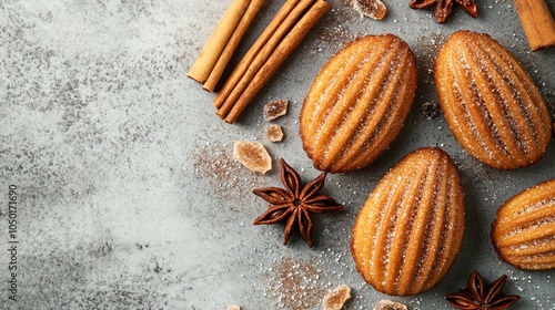 Cinnamon-sugar madeleines, isolated on a gray stone surface, surrounded by cinnamon sticks, sugar crystals, and a drizzle of cinnamon glaze