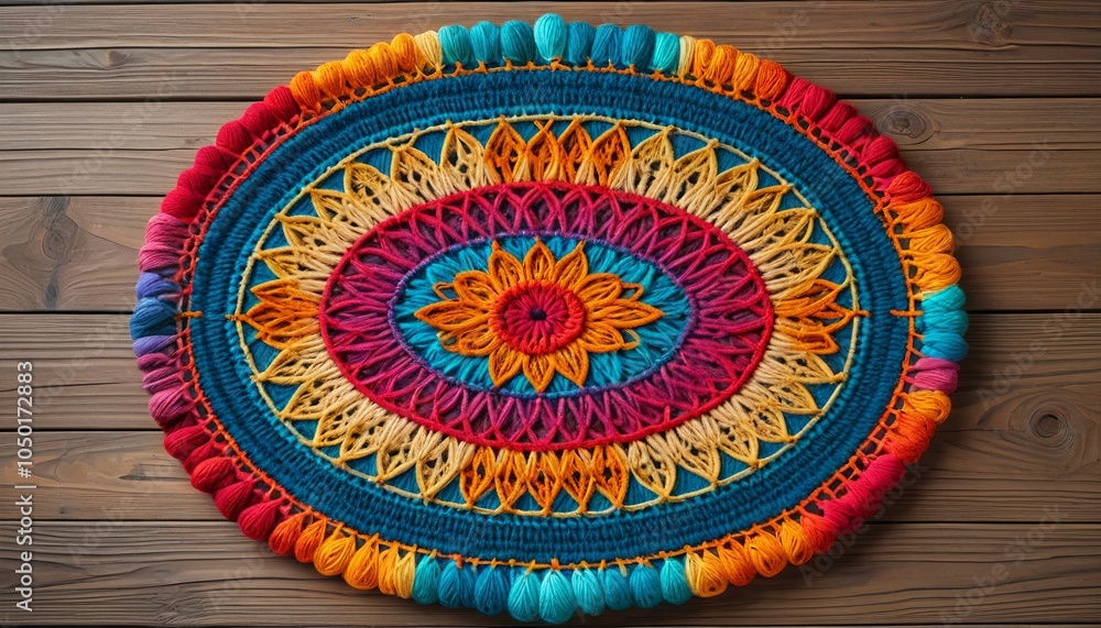 An artistic yarn mandala displayed on a wooden background, illustrating the beauty of symmetry and creativity through colorful yarn arrangements, Generative AI An artistic yarn mandala displayed on a wooden background, illustrating the beauty of symmetry and creativity through colorful yarn arrangements, Generative AI