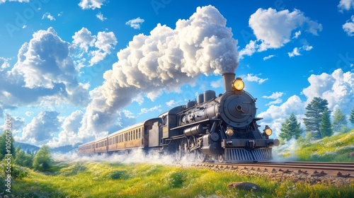 Vintage steam locomotive traveling through a scenic landscape photo