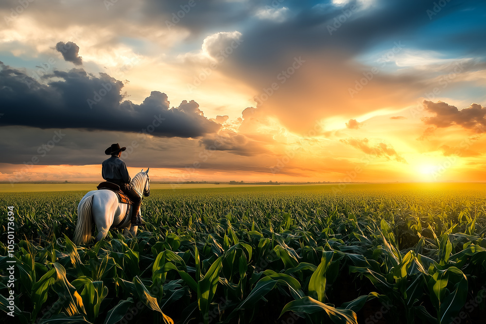 Fototapeta premium Fazendeiro a cavalo olhando a plantação de milho no pôr do sol, céu com nuvens intensas