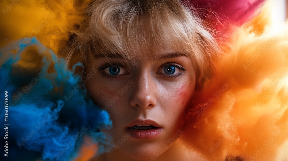 Fototapeta premium A young woman with blonde hair and blue eyes is surrounded by colorful smoke.