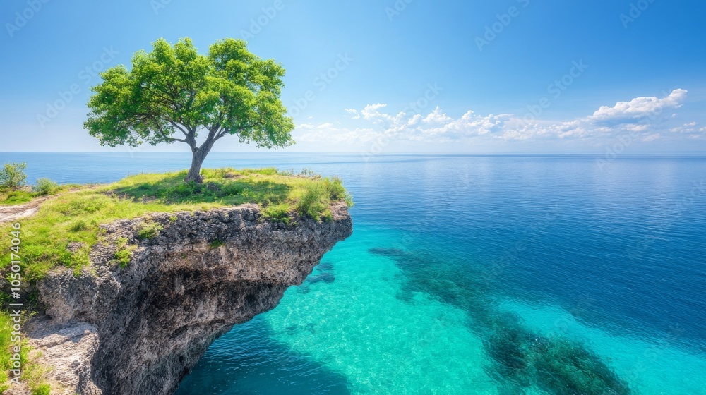 Fototapeta premium Serene cliffside view with lone tree over turquoise waters