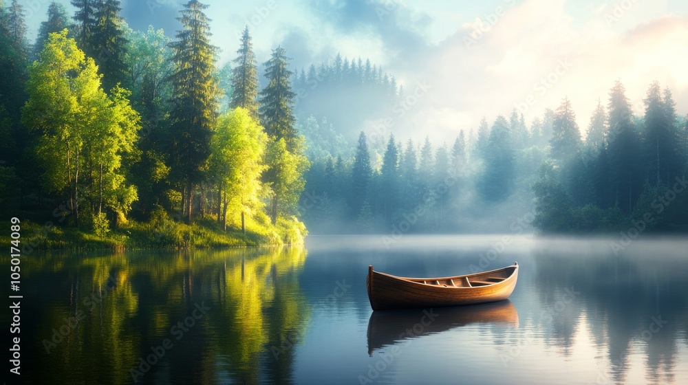 Obraz premium Serene wooden boat on a tranquil forest lake at dawn