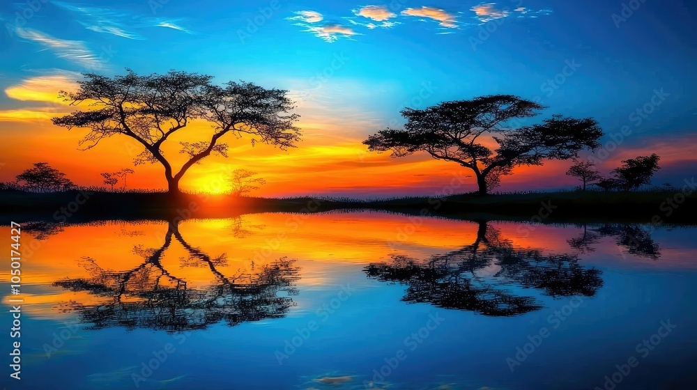 Naklejka premium Tranquil Sunset View Over Lake and Park