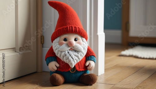 A charming knitted doorstop shaped like a gnome, providing functionality while adding a whimsical touch to any entryway, Generative AI photo