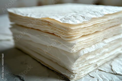 A neatly stacked pile of textured, delicate paper showcasing layers of cream and white hues, ideal for crafting or artistic use. photo