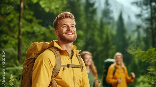 Joyful hikers exploring a lush green forest trail photo